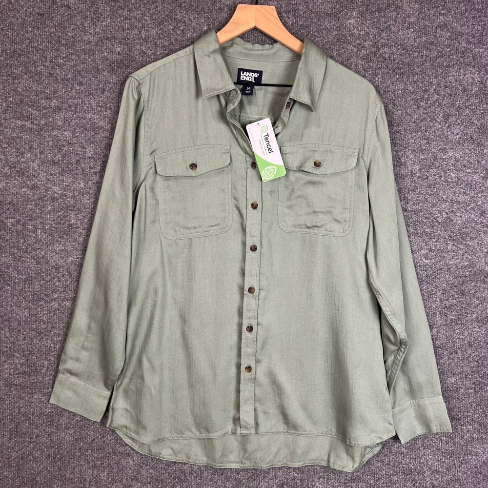 NEW Lands End Button Down Shirt Womens M Green New Tencel Lyocell Utility Blouse